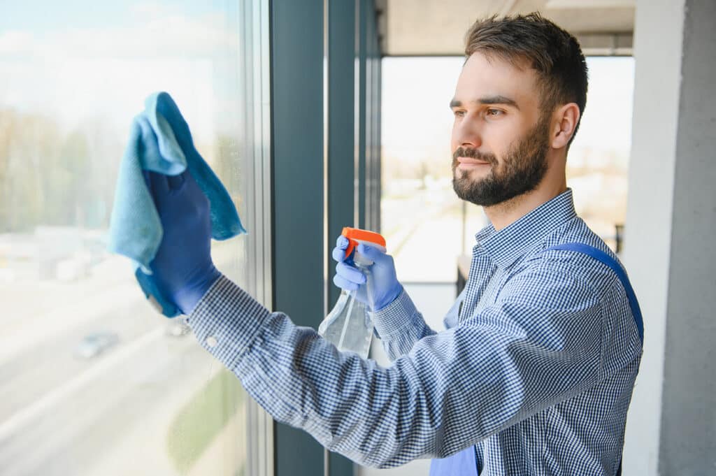 Male Professional Cleaning Service Worker In Overalls Cleans The Windows And Shop Windows Of A Store With Special Equipment